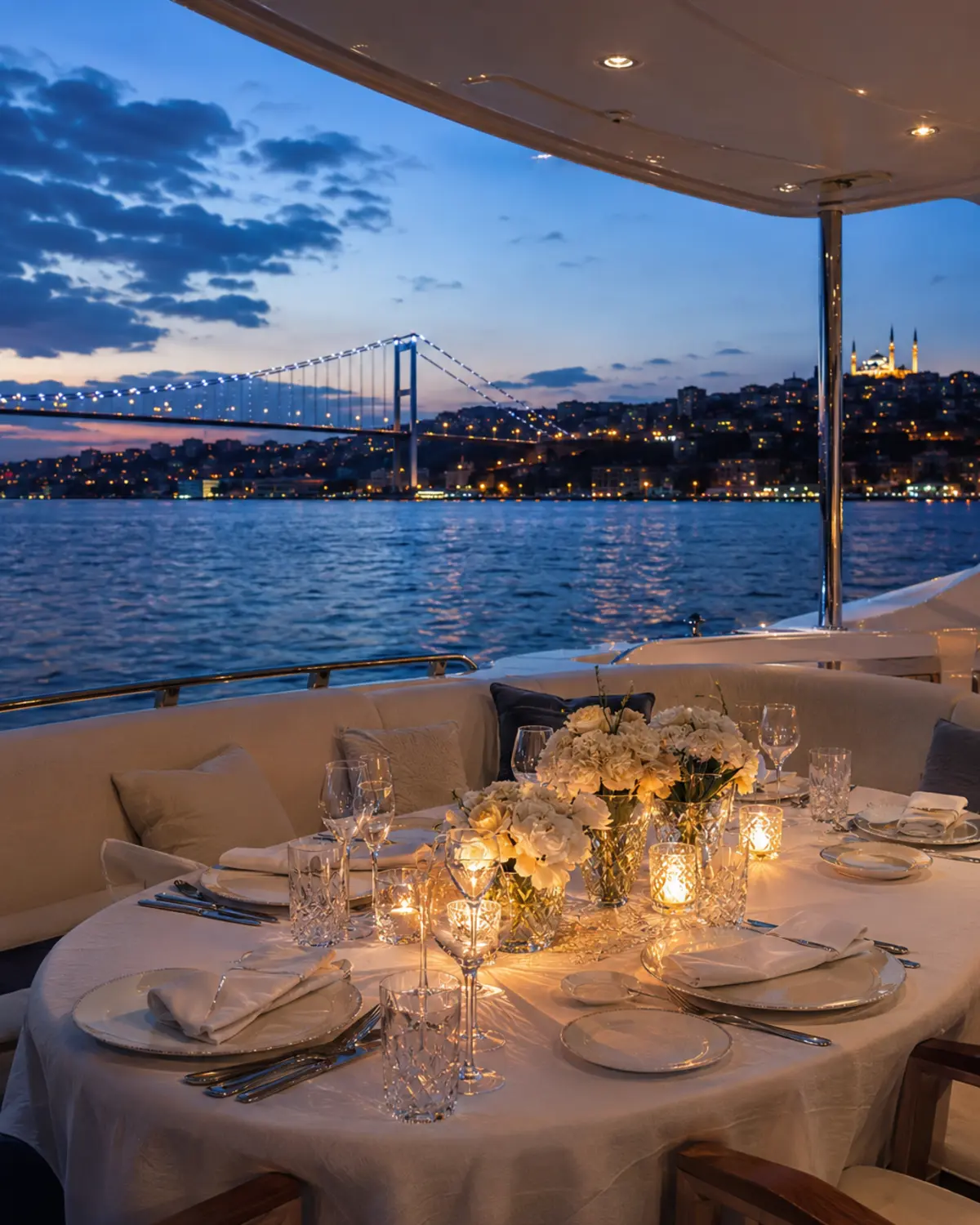 İstanbul Boğazı'nda özel yatta akşam yemeği masa düzeni