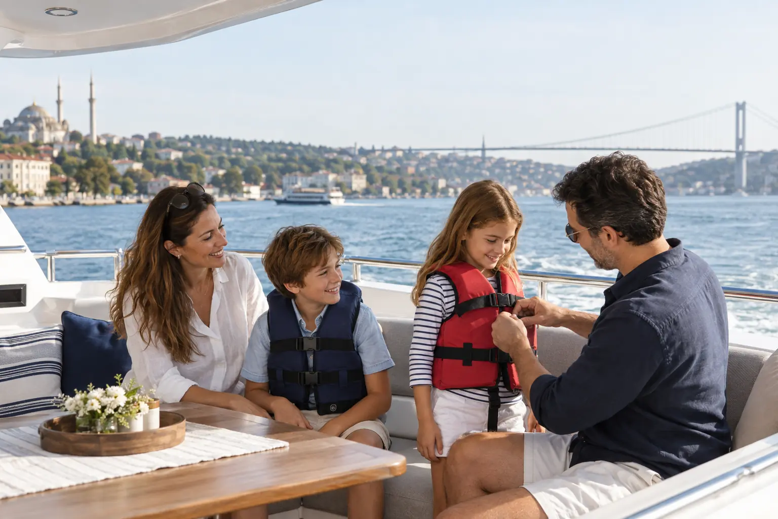 İstanbul Boğazı’nda çocuk can yeleklerini kontrol eden aile