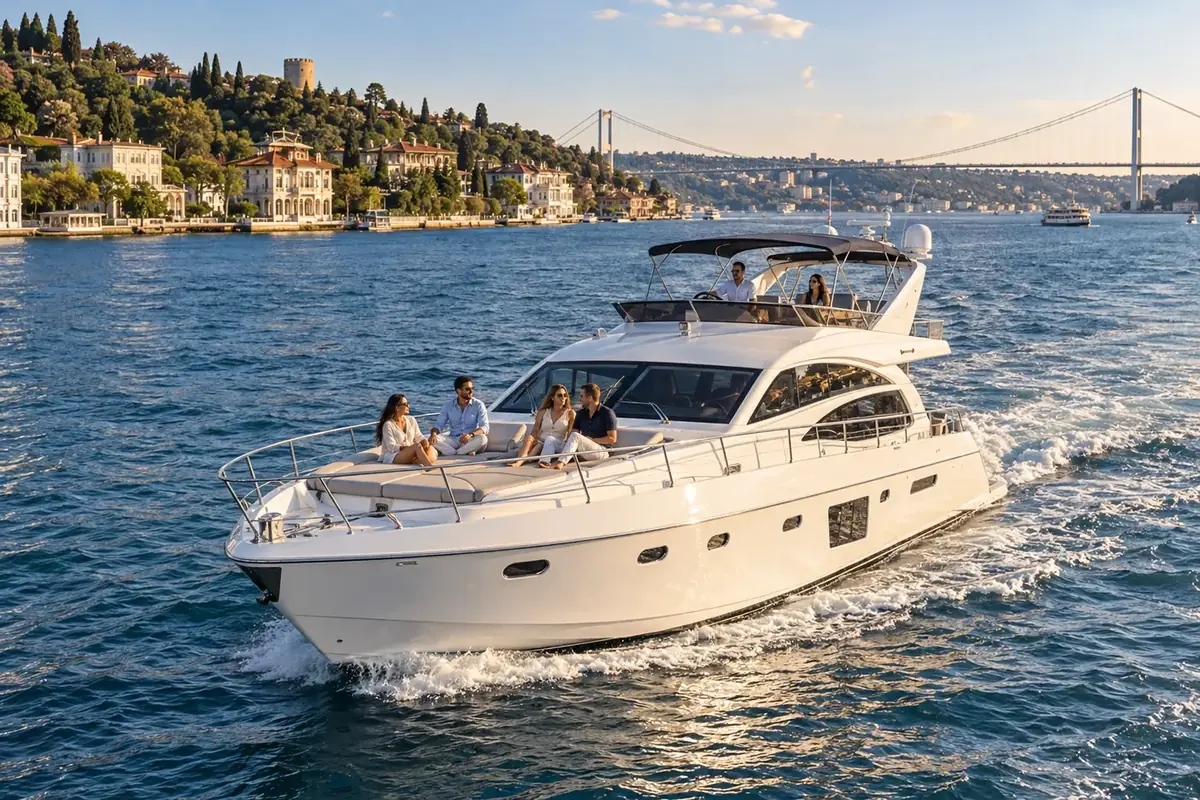 White private motor yacht cruising on the Bosphorus in late-afternoon light