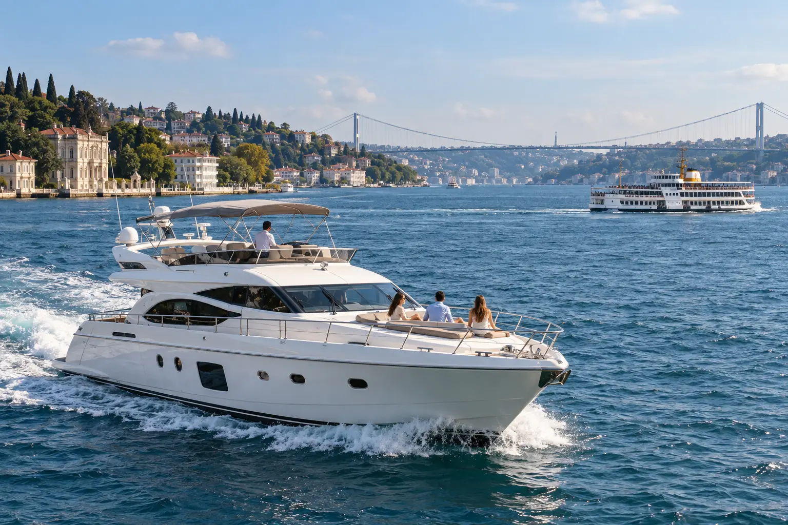 Private Motoryacht im Vordergrund und planmäßige Passagierfähre in der Ferne auf dem Bosporus