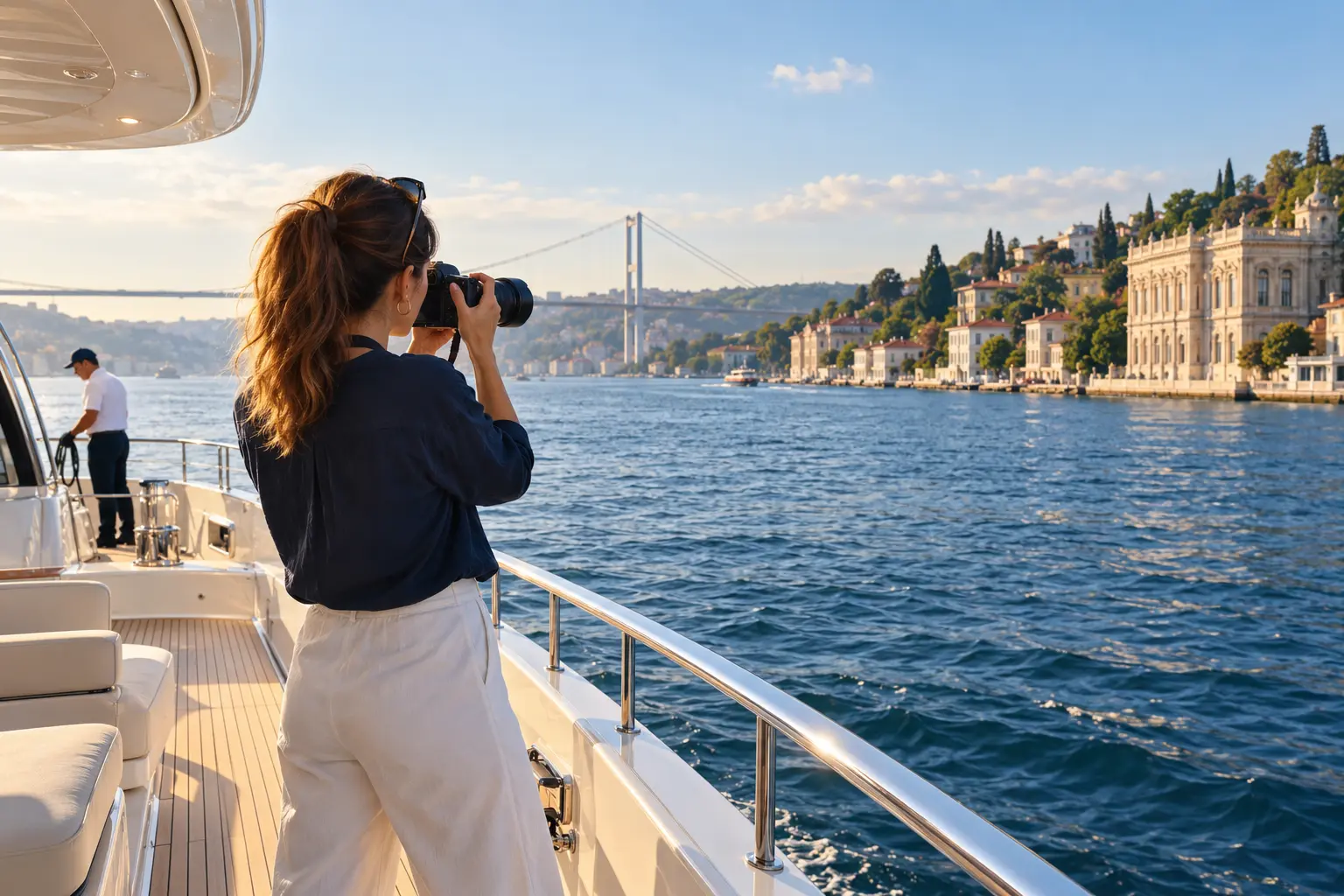 Guest photographing the Bosphorus shoreline from the deck of a private yacht in Istanbul