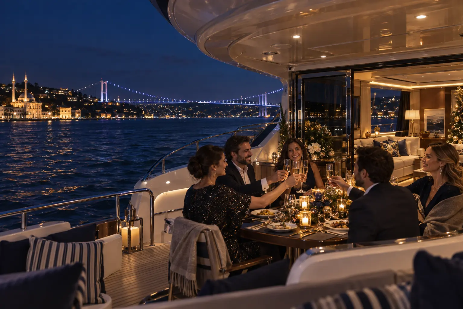 İstanbul Boğazı’nda gece ışıkları eşliğinde özel yatta yılbaşı yemeği kutlayan arkadaş grubu
